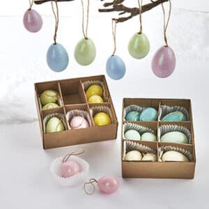 'Hanging eggs w. glitter & string, H: 4 & 5cm - 3 ASS., 9/BOX