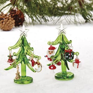 Green Christmas tree, w. Christmas fig., glass, '9CM, 2 ASS., 1/BOX