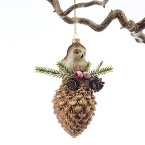 Glass hanging, glitter cone w. owl, 14cm