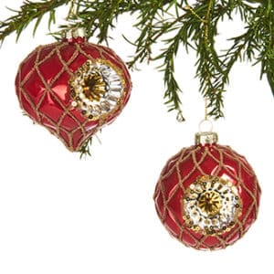 Glass ball, red w. golddeco., to hang, 8CM, 2 ASS.