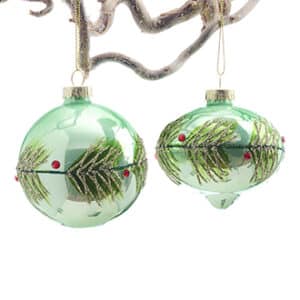Glass hanging,green w. glittery pattern, 8CM, 2 ASS.