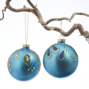 Glass hanging peacock pattern w. glitter, 8CM, 2 ASS.