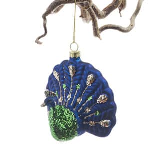 Glass hanging, peacock w. glitter, 10X9CM