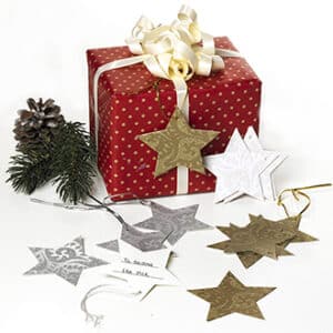 Star gift tags w. glitter, 7CM, 3 ASS., 8/BOX
