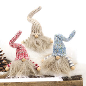 Santa gnome head w. knitted hat, textile, 16CM, 3 ASS.